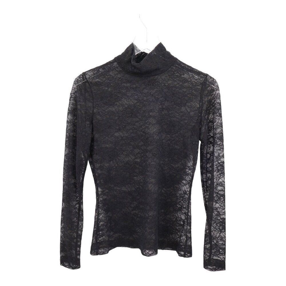 St. John Women’s Lace Mock Neck Top Black Long Sleeve Sheer Blouse Size P Petite